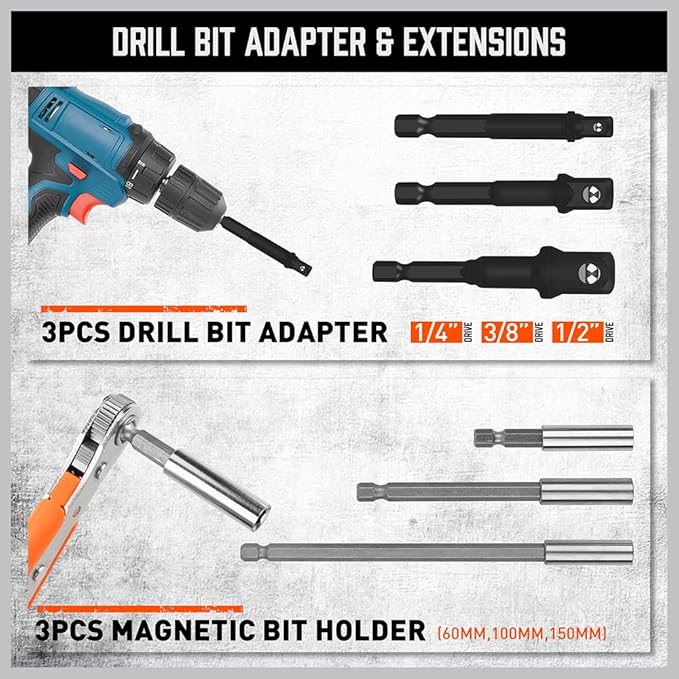 HORUSDY 47Pcs Nut Driver Set SAE and Metric, Impact Magnetic Nut Driver for impact drill, Socket Adapters, Screwdriver Bit Set, Cr-V Steel 1/4" Hex Shank Quick Change,with Storage Case