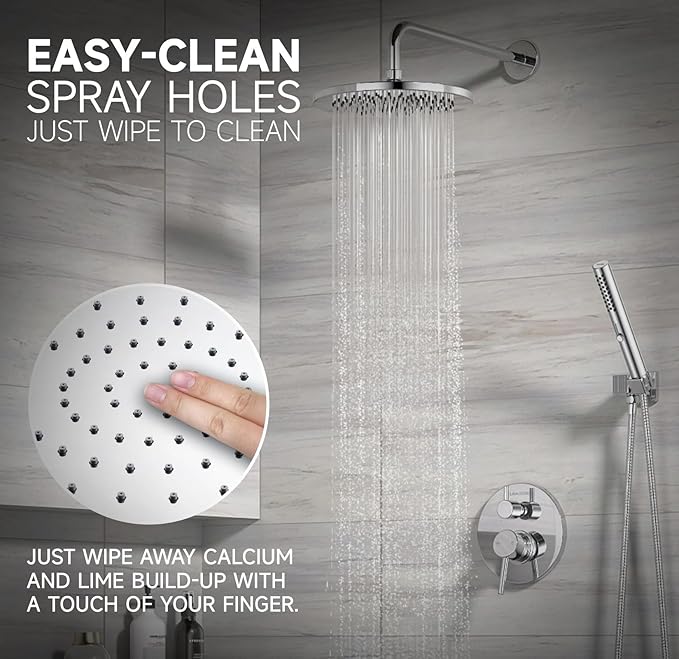 Lava Odoro Modern 3-Setting Round Rain Bathtub and Shower Faucet Set, Chrome Rainfall Shower Head and Handle Set, Rain Shower System with Tub Spout, Shower Valve Trim Kit, Chrome, SF104-C-T