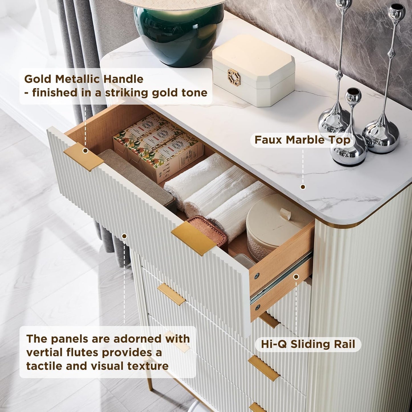 T4TREAM Fluted 5 Drawers Dresser for Bedroom, 48" Tall Modern Dresser Chest of Drawers, Gold Accents, Fluted Fronts, Wood Storage Dressers Organizer for Bedroom, Living Room (Off White)