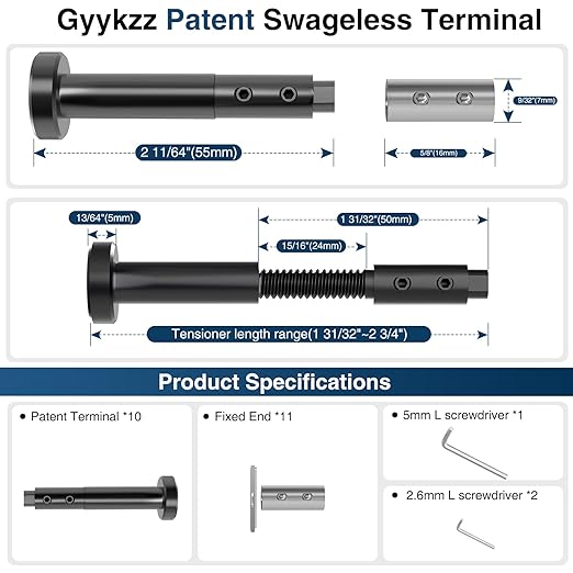 [Patent] Gyykzz Black Swageless Invisible Cable Railing Kit, T316 Stainless Steel Reusable 10PCS Tensioner & 11PCS Fixed End, Screw-Locking Hardware No Crimping Fit for 2"x2" Metal Railing Post System