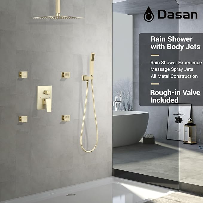 Brushed Gold Shower System with 4 PCS Shower Body Spray Jets & 12’’ Ceiling Shower Head & Handheld Spray, DASAN Full Body Shower Faucet System with Jets Rainfall Shower Combo Set, SA-SS03BBG-S12C