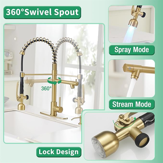 Fapully Commercial Kitchen Faucets with Pull Down Sprayer Brushed Gold LED Single Handle Faucet for Kitchen Sink, Kitchen Faucet with Soap Dispenser and Deck Plack for 4 Hole