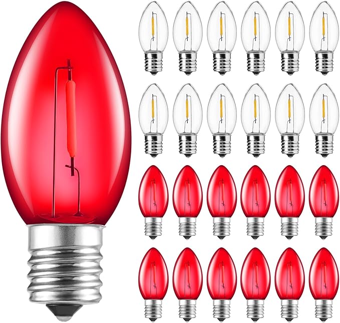 Brightown 25 Pack C9 LED Christmas Light Bulbs, Red and Pure White Plastic C9 Shatterproof LED Bulbs Replacement for Christmas String Lights, E17 Intermediate Base