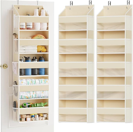 SpaceAid 2 Pack Over The Door Organizer with 5 Large Pockets and 10 Mesh Side Pockets, 5 Layers Door Organizer Hanging with Clear Window for Bedroom, Bathroom, Pantry and Nursery, Beige