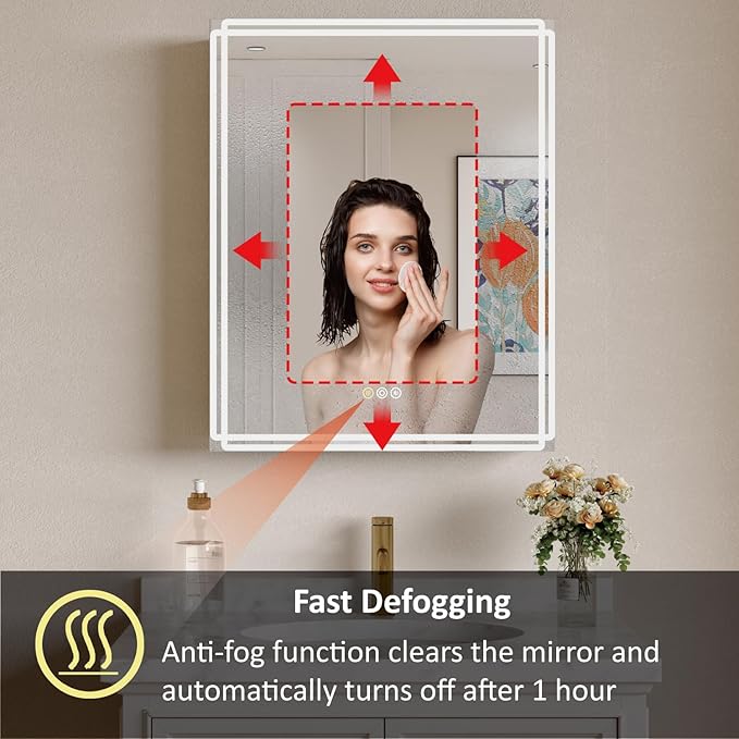 Buruis 24'' x 30'' Medicine Cabinet with Lights and Mirrors, Recessed or Wall Mounted Modern Bathroom Cabinet with 3-Mode Light, Anti-Fog, Dimmable, Memory Function, Outlet, Silver