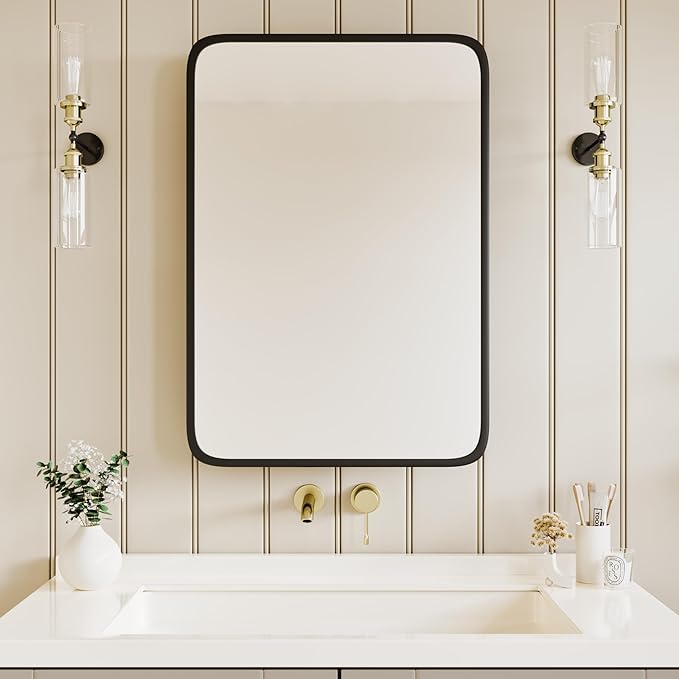 Bathroom Wood Black Cabinet with 20''x30'' Black Metal Frame Curved Mirror, Recessed Medicine Cabinet, Bathroom Storage Cabinet