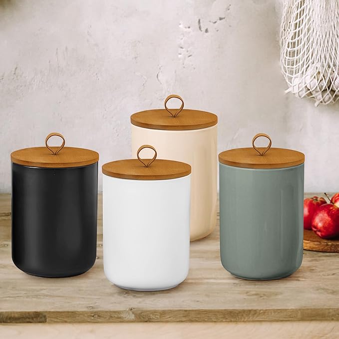 Large Ceramic Storage Jars, Modern Elegant Highly Polished Airtight Gorgeous Storage Canisters with Wooden Lid Food Storage Jar for Kitchen Spice Tea Vanilla Sugar Coffee Beans (Light grey)
