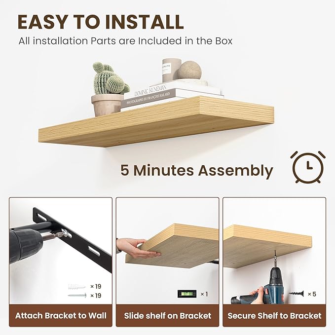 24 Inch Floating Shelves, 11.6 Inch Deep Floating Shelves for Wall, Floating Shelf with Invisible Brackets, Deep Shelves for Bathroom, Bedroom, Living Room, 2 Pack, Natural