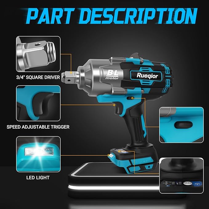 Cordless Impact Wrench 1/2" for Makita 18V Battery, Impact Wrench 1500FT-LBS(2000N.m) High Torque Brushless Electric Impact, with 4 Modes Power Impact Driver for Car, Truck, Mower (No Battery)