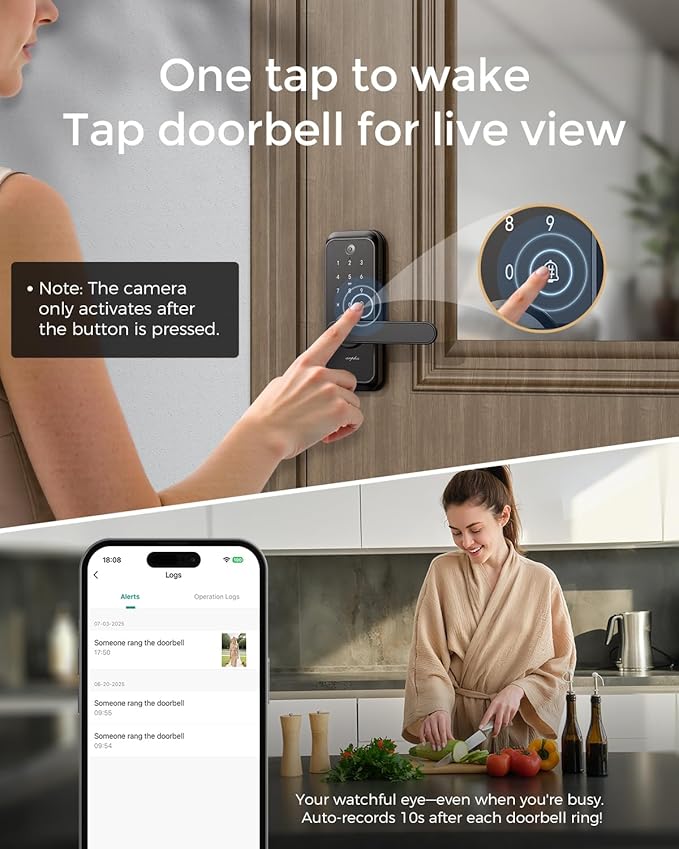 WiFi Video Smart Lock with Camera & Handle - 6-in-1 Keyless Entry (Fingerprint/App/Keypad/FOB/Key), Electric Deadbolt Door Knob for Front, Built-in WiFi, 2-Way Audio, Auto-Lock, Waterproof - Black