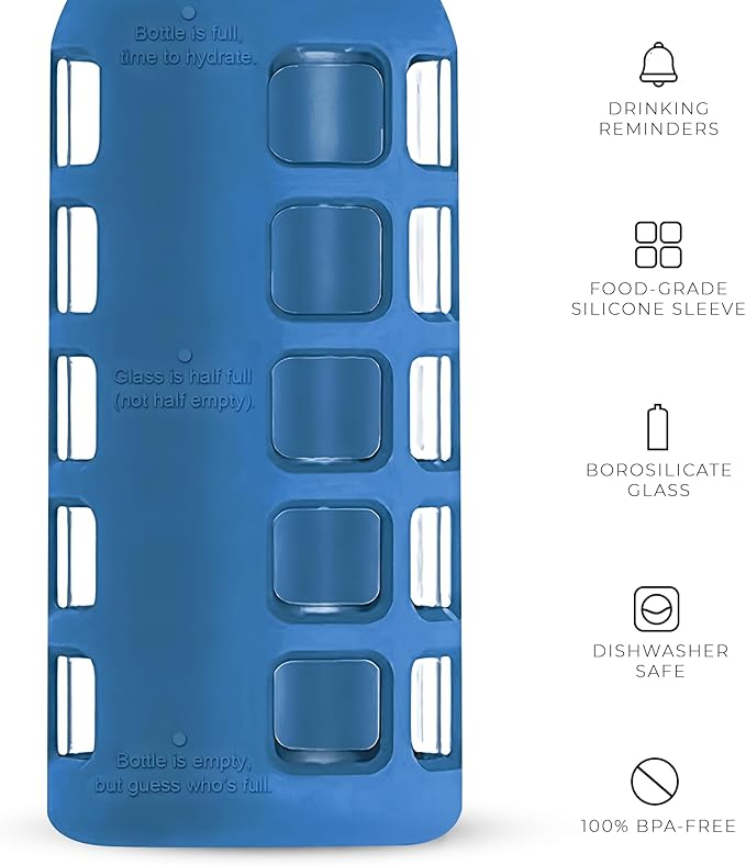 purifyou Premium 40/32 / 22/12 oz Glass Water Bottles with Volume & Times to Drink, Silicone Sleeve & Stainless Steel Lid Insert, Reusable Bottle for Fridge Water, Juice (22oz Chinese Porcelain)