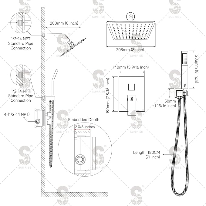 SR SUN RISE Shower System - Shower Faucet Set with 8 Inch Rain Shower Head and Handheld Shower - High Pressure Rain Shower System - All Metal Shower Faucet Trim Repair Kits - Brushed Gold