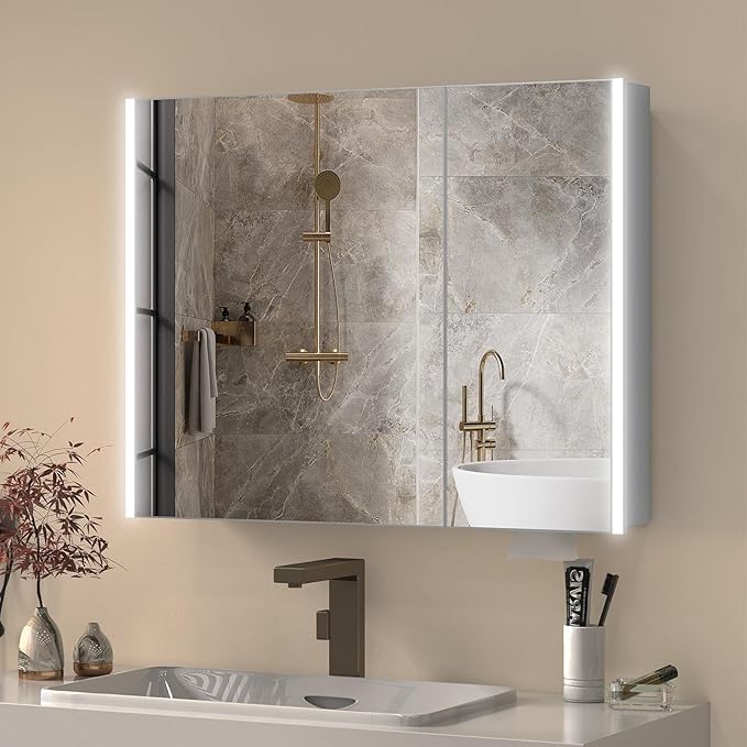 36x28 Medicine Cabinet with Light, AL Alloy Frame, Full-Assembled Bathroom Mirror Cabinet with Brightness Adjustable and Storage, Led Medicine Cabinet Mirrored with Recessed or Wall Mount, Sliver