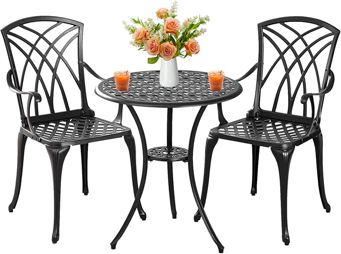 Outdoor 3 Piece Bistro Set Cast Aluminum Bistro Table and Chairs Set of 2, All Weather Bistro Patio Set, Patio Furniture for Garden Black