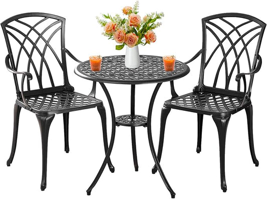 Outdoor 3 Piece Bistro Set Cast Aluminum Bistro Table and Chairs Set of 2, All Weather Bistro Patio Set, Patio Furniture for Garden Black