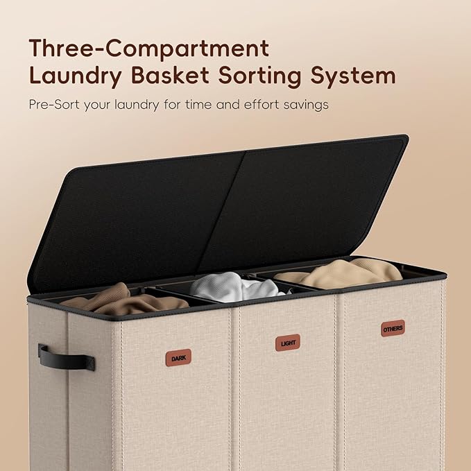 185L Laundry Hamper 3 Section, Laundry Hamper with Lid, Dirty Clothes Hamper with 3 Removable Washing Bags, Extra Large Laundry Basket Organizer for Bedroom, Laundry Room, Dorm - Khaki
