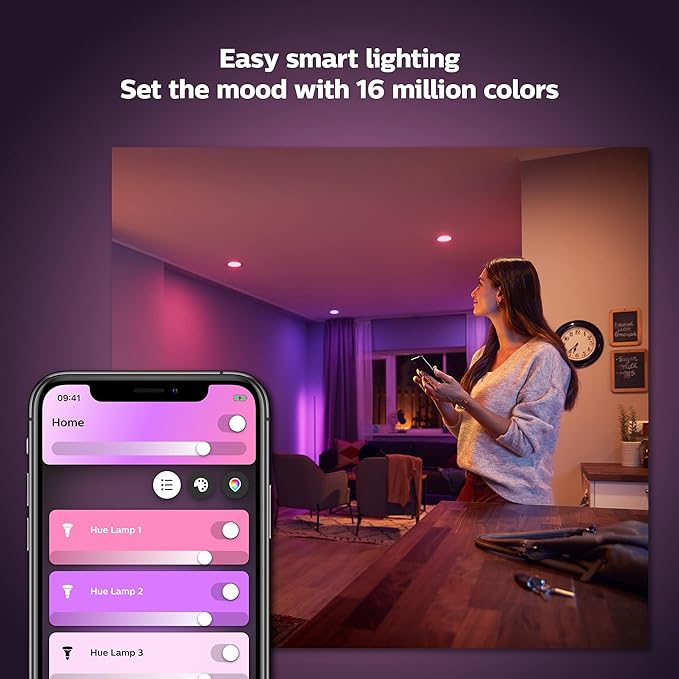 Philips Hue Smart Lighting Bundle: 3-Pack A19 LED Smart Light Bulbs (White and Color Ambiance) with Philips Hue Bridge - Control with Hue App, Compatible with Alexa, Google Assistant, Apple Homekit