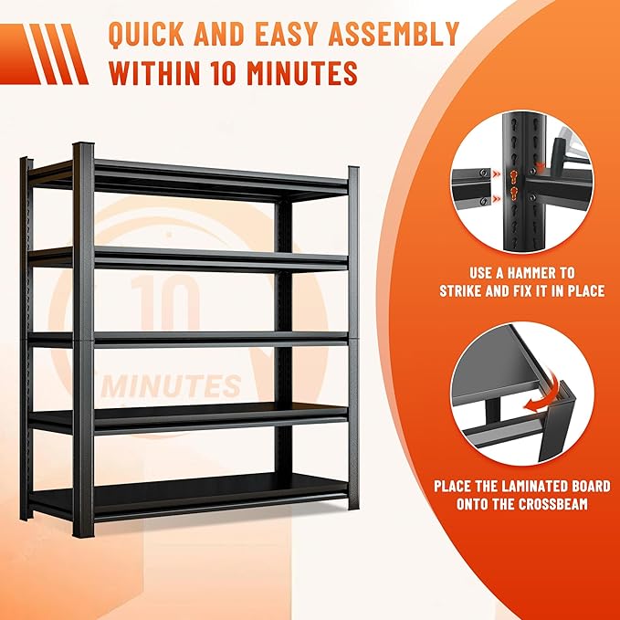 5-Tier Heavy Duty Metal Shelving Unit, 2500LBS Capacity Garage Storage Shelf, Industrial Adjustable Storage Rack for Warehouse, Basement, Commercial & Home Use (77" H x 35.4" W x 15.7" D,Black)