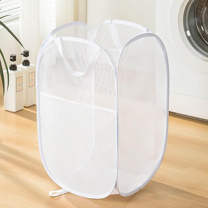 Collapsible Mesh Laundry Basket，Pop Up Laundry Hamper-Easy Storage, Ideal for Home and Travel Use (2 white)