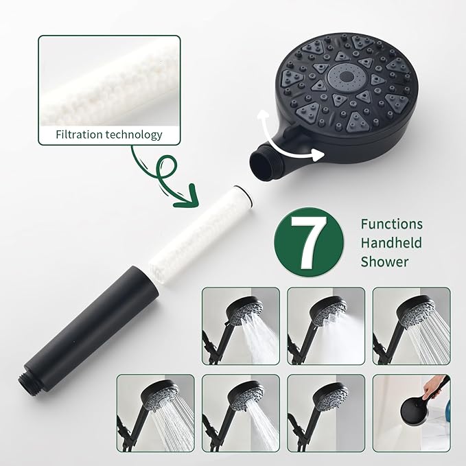 Shower Faucet Set with 7 Functions Handheld Shower Head Filter Shower Combo Set Shower System Shower Trim Kit Matte Black