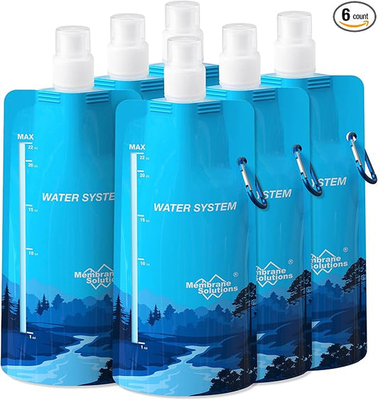 Membrane Solutions 23oz Collapsible Water Bottle for Water Filter Straw, Reusable Water Pouch with Carabiner and Measurement, Foldable Water Container Bag for Hiking Camping Travel Emergency