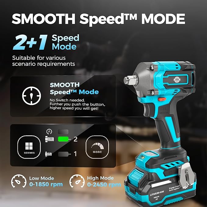 1/2" Cordless Impact Wrench with Brake, Brushless MAX 465Ft-lbs (630N.m) Impact Gun with 20V 4.0Ah Battery and Fast Charger, 2+1 Speed Mode, 2500RPM Power Electric Impact Wrench with LED Light for Car