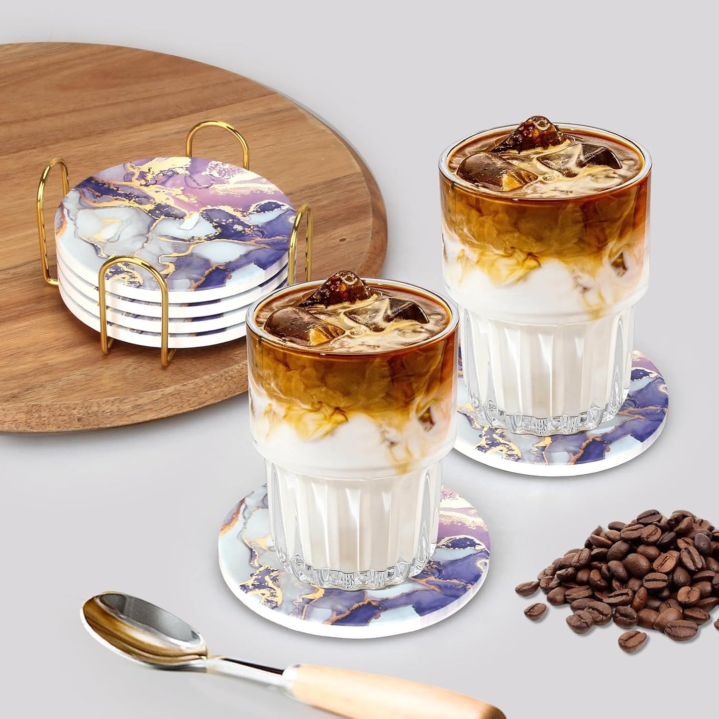 Purple Agate Coasters with Holder Drink Coaster Set of 6 Modern Marble Coasters Unique Coaster for Coffee Table Decor Gift Women Kitchen Accessories Bar Coster Cup Cool Cute Ceramic Coasters