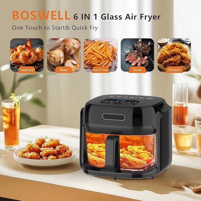 Glass Air Fryer, 7.6QT with Transparent Fry Bowl, Circulating Heating, Temperature Control, Air Fryer Roast, Dishwasher Safe (Black)