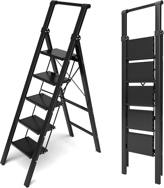 Taranta 5 Step Ladder, Liahtweight Aluminum Laddewith Handgrip, Portable Folding Stepladder with Anti-SlipPedal for Home, Ofice, Kitchen 300lbs - Black