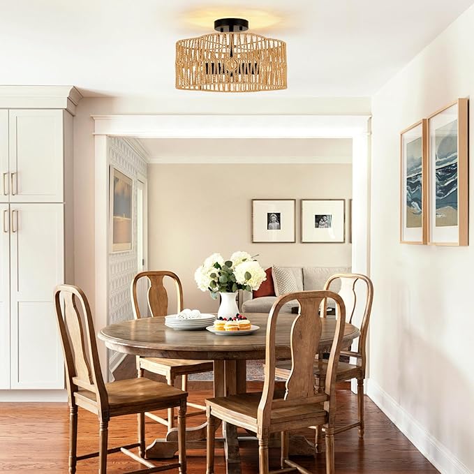 Boho Light Fixtures Ceiling Mount, 4-Light Farmhouse Rattan Ceiling Light Fixture, Semi Flush Mount Ceiling Light with Hand-Woven Shade, Modern Chandelier for Living Bedroom Kitchen Nursery