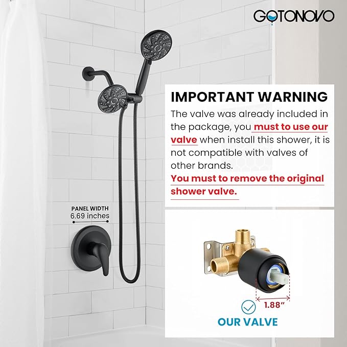 gotonovo Dual 2 in 1 Shower Head Kit High Pressure Combo System Shower Faucet 6 Modes ABS Handheld Spray Shower Trim Kit with Valve Shower Head and Handle Set Matte Black