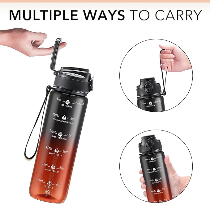 GOSWAG Water Bottles, 32 oz Motivational Sports Water Bottle with Straw and Time Marker to Remind You to Drink, Comes with Carry Strap, Leakproof