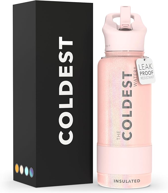Coldest Sports Water Bottle with Straw Lid Vacuum Insulated Stainless Steel Metal Thermos Bottles Reusable Leak Proof Flask for Sports Gym (32 oz, Forever Pink Glitter)