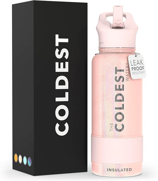 Coldest Sports Water Bottle with Straw Lid Vacuum Insulated Stainless Steel Metal Thermos Bottles Reusable Leak Proof Flask for Sports Gym (32 oz, Forever Pink Glitter)