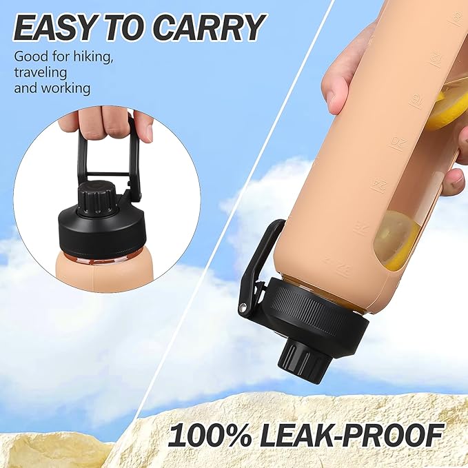 Glass Water Bottles with Straw -32oz- Water Bottle Phone Holder for Gym Large Motivational Water Bottle with Time Marker Glass Drinking Bottles 2 Lids - Spout & Bamboo Straw Lid(Amber)