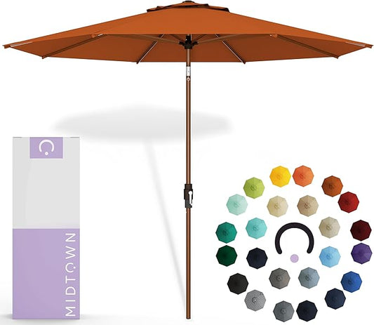 Midtown Umbrellas Sunbrella Umbrella Outdoor Patio Umbrella 2-8 Feet in Terracotta Acrylic Fabric - Auto-Tilt Aluminum Frame For Backyard Umbrella, Deck Umbrella & Porch Umbrella - Wooden Pole