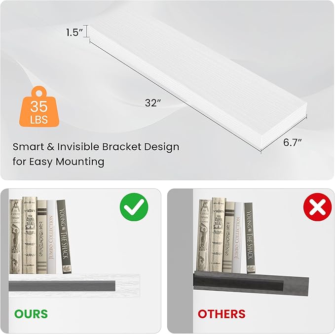 Floating Shelves for Wall, 31.5" W x 6.7" D x 1.5" H, Wooden Wall Mounted Display Shelves with Invisible Brackets for Living Room, Bedroom, Bathroom, Kitchen Decor and Storage, Set of 2, White