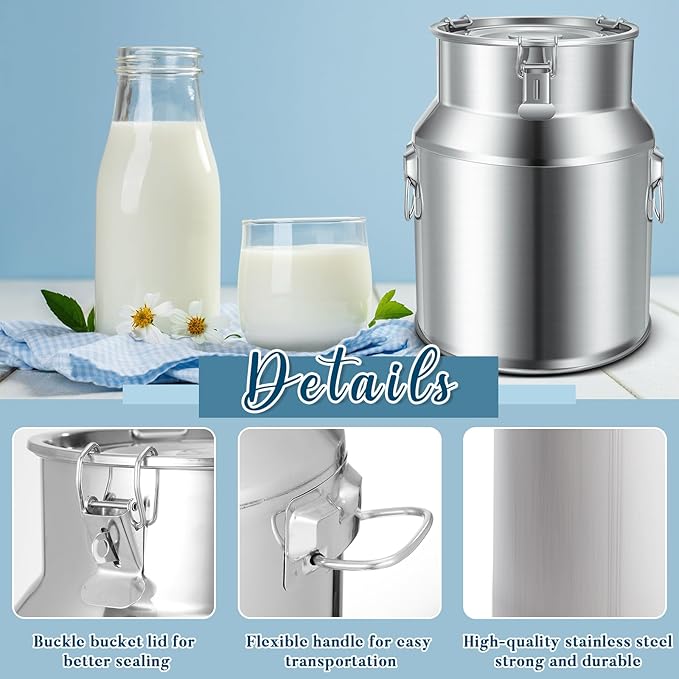Suclain 2 Pcs Stainless Steel Milk Can Milk Bucket Metal Milk Jug with Sealed Lid and Carry Handle Tote Jug for Milk, Wine, Water, Liquid Tote Pail Storage Transport (22 Liters)