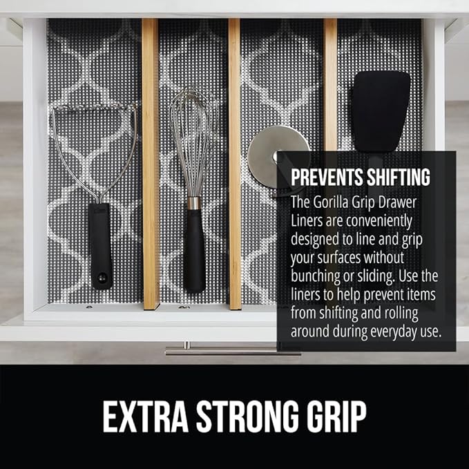 Gorilla Grip powerGRIP Drawer Shelf and Cabinet Liner, Thick Strong Hold, Non-Adhesive Liners Protect Kitchen Cabinets and Cupboard, Bathroom Drawers, Easy Install, Breathable Mat, 17.5" x30', Gray