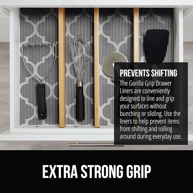 Gorilla Grip powerGRIP Drawer Shelf and Cabinet Liner, Thick Strong Hold, Non-Adhesive Liners Protect Kitchen Cabinets and Cupboard, Bathroom Drawers, Easy Install, Breathable Mat, 20" x10', Gray