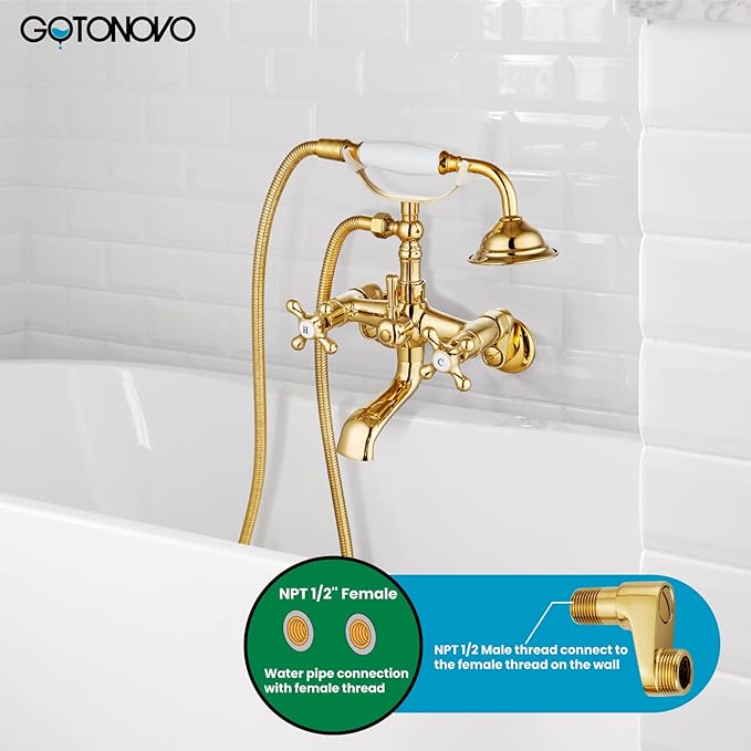 gotonovo Clawfoot Bathtub Faucet Tub Filler with Hand Held Shower Faucet Set Victorian Double Cross Handle 6 Inch Center Adjustable Swing Arms Tub Mount Short Adapter Polished Gold