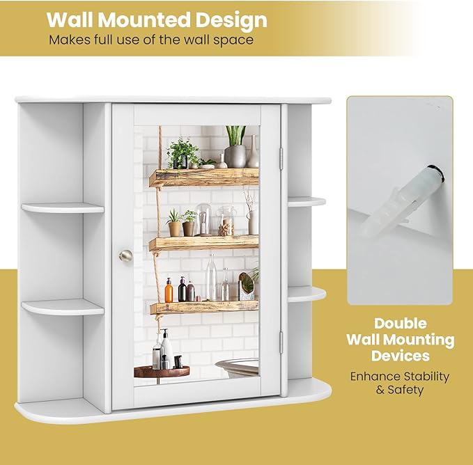 Tangkula Bathroom Medicine Cabinet with Mirror, Wall Mounted Home Storage with Door & 6 Open Shelves, Adjustable Shelves, Mirrored Bathroom Wall Cabinet (White)