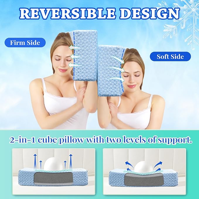 HARBOREST Cooling Cube Pillow - Side Sleeper Pillow for Neck and Shoulder Pain, Memory Foam Pillow Cube Pro with Adjustable Firmness,24"x12"x6", Blue
