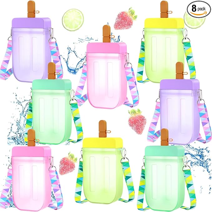Patelai 8 Pcs Cute Water Bottles with Straw Kawaii Watermelon Ice Cream Cups Leak Proof Drinking Bottles with Adjustable Shoulder Strap for Sports Travel Camping(Cute Style)