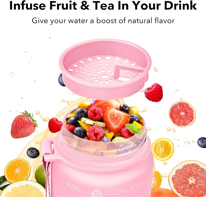 GOSWAG 32oz Motivational Water Bottles with Time Marker and Fruit Strainer, Sports Water Bottle with Times to Drink, Leakproof, Reusable Plastic Bottle with Strap no Straw for Gym, School