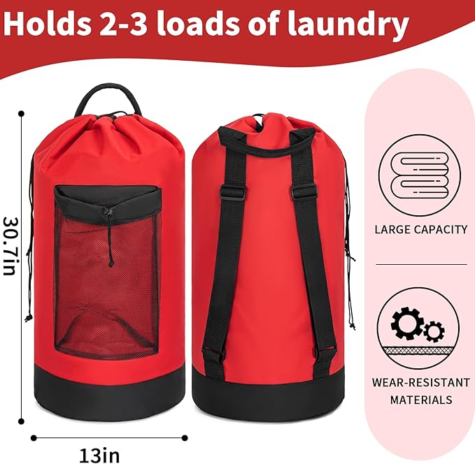 Laundry Bag Backpack with Shoulder Straps and Mesh Pocket Foldable Laundry Hamper for College, Apartment, Laundromat (Red)