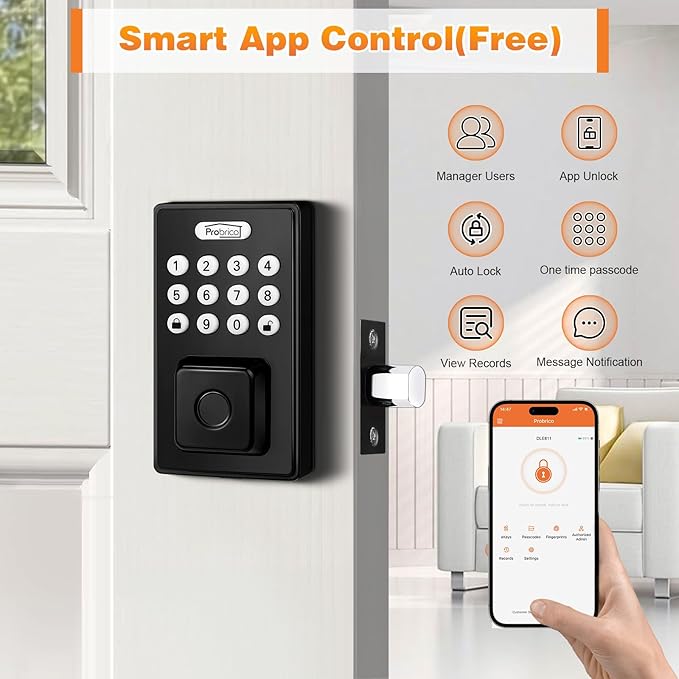 Probrico Smart Fingerprint Door Lock for Front Door, Keyless Entry Door Deadbollt Lock with Digital Keypad Code, Electronic Smart Deadbolt with App Control, Auto Lock, Bluetooth, Black