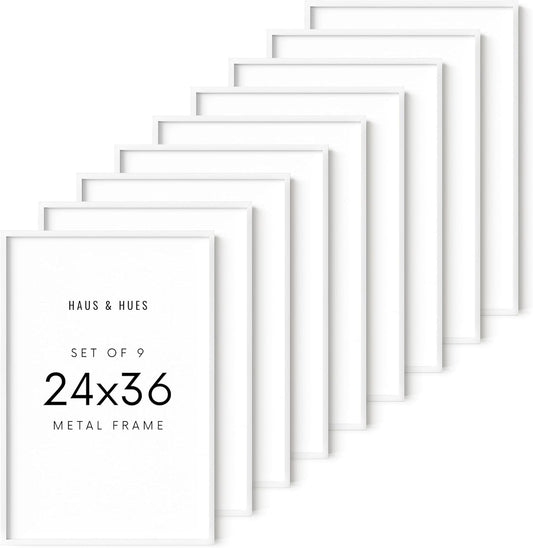 HAUS AND HUES 24x36 White Metal Picture Frames - Features Premium Aluminum, Vertical & Horizontal Hang, Shatterproof Plexiglass - Ideal for Home, Room, Office (24x36 in, White, Set of 9)
