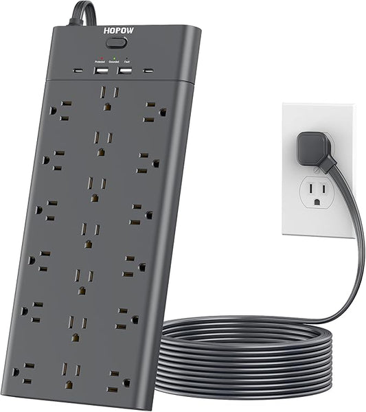 Surge Protector Power Strip with 19 Outlets and 4 USB Ports, HOPOW 10 Ft Flat Plug Heavy Duty Extension Cord, 1875W, 2100J Surge Protection, Wall Mount for Home, Office, Gaming Room, Dorm, Black