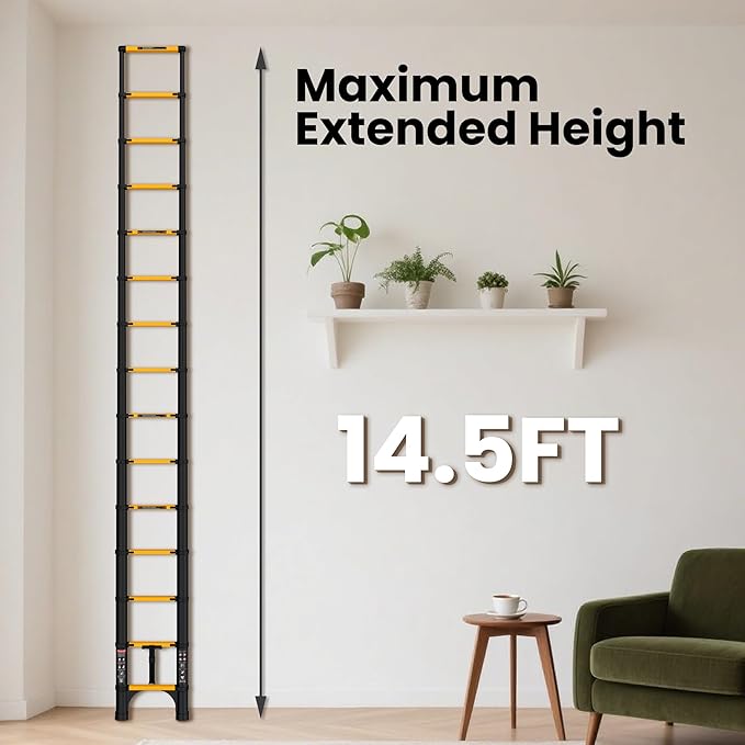 14.5 FT Telescoping Ladder, ANSI Certified, Type I Heavy Duty, 330lbs Max Capacity, Aluminum Extension Ladder for Home, Roof, RV; Yellow